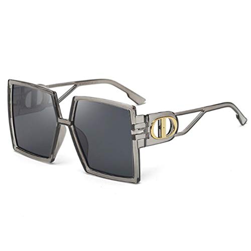 Hollow Out Letters Temple Sunglasses Female Large Frame Flat Sunglasses Men's Retro Trend Square Glasses (Gray Frame Black Gray)