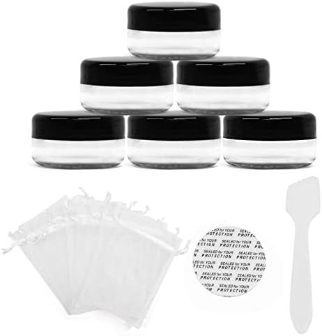 SumDirect 100Pcs 5Gram Clear Empty Cosmetic Containers Jars Sample Pots Bottles, Travel Pots for Cream, Lotion, Lip Balm with Mini Spatula and 10Pcs White Sheer Organza Bags
