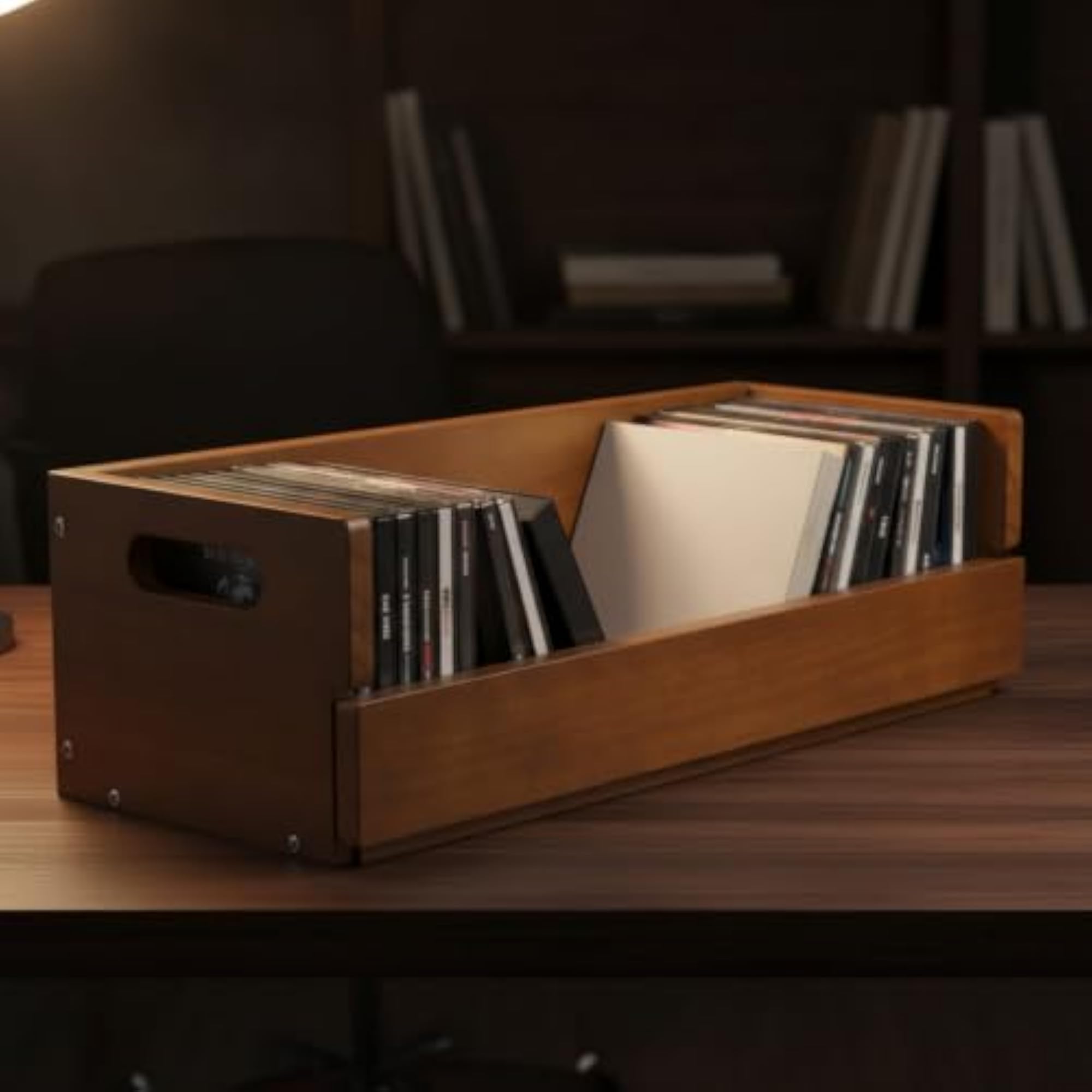 Open-Top CD Rack with Front Flap, Wooden Storage Box