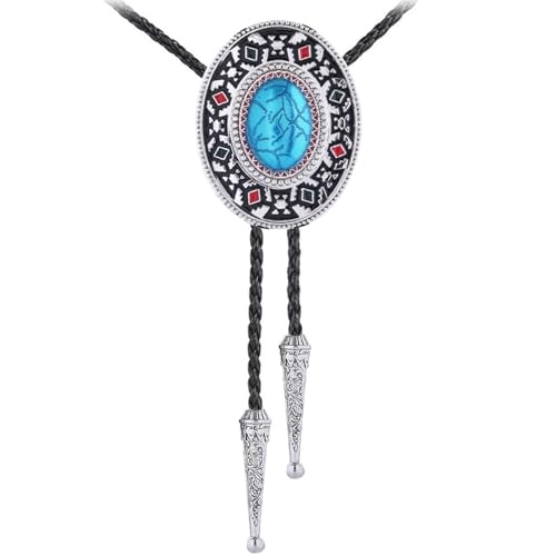 Image of GelConnie Bolo Tie for Men Women Western Cowboy Turquoise Leather Necktie | Natural Stone Bolo Tie Necklace for Women Rodeo Cowboy Leather Necktie Native American Western Cowgirl Ties Adjustable Cord
