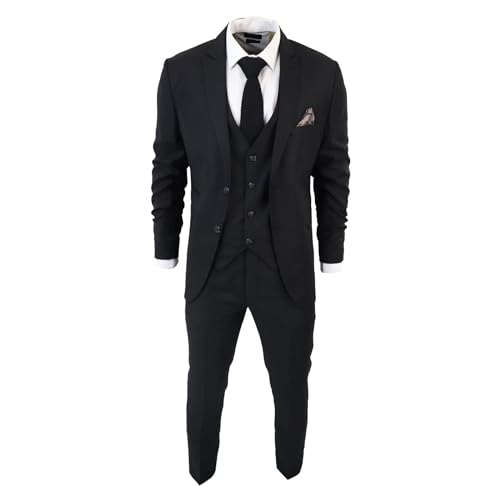 Men's Classic Black Suit 3 Piece Tailored Fit Vintage Office Funeral Security Waiter Wedding - Black 40