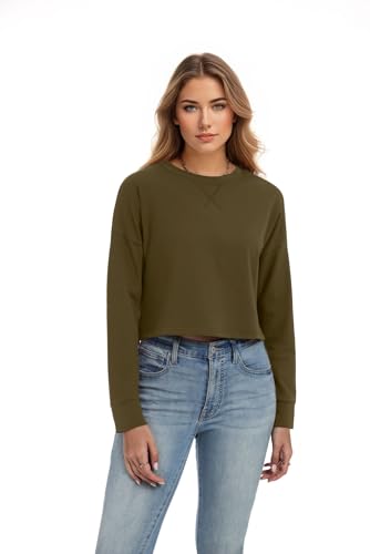 JINKESI Womens Long Sleeve Crewneck Cropped Sweatshirt Soft Loose Pullover Tops Fall Outfits Army Green-L — view 5