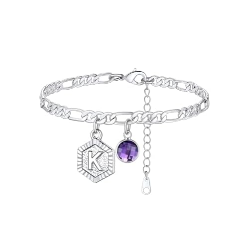 Custom4U Personalized Initial Ankle Bracelets for Women 14K Gold Plated Dainty CZ Birthstone Heart/Hexagon Letter Initial Anklets for Women Adjustable Silver/Gold Foot Chain Summer Beach Jew