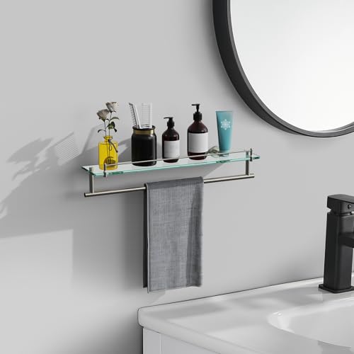 KOCOK 24-Inch Tempered Glass Bathroom Shelf with Towel Bar - Brushed Nickel Towel Holder Modern SUS304 Stainless Steel, Wall Mount Towel Hanger