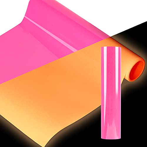 Heat Transfer Vinyl Roll, Glow in The Dark Iron on Vinyl 10 x 6ft PU HTV Luminous Fluorescent Color Heat Press Vinyl for T-Shirts(Neon Pink to Yellow)