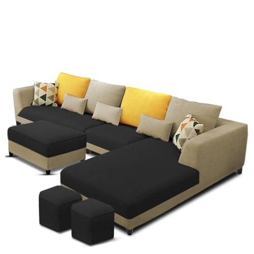 Image of Galib RHS 8 Seater L Shape Sofa Set for Living Room (Cream Black Fabric) Premium Fabric Sofa