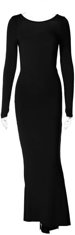 JSEIAJB Fashion Round Neck Polyester Long Sleeve Dress Outdoor Stretch Hip-Wrap Dress