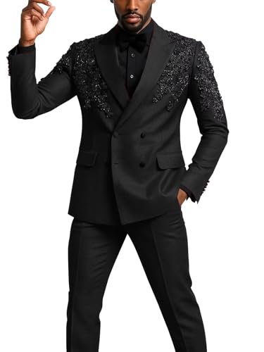 Mens 2 Piece Suit Double Breasted Suits Men Slim Fit Wedding Elegant Blazer Pant Set Print Dinner Tuxedo Prom XXS Black