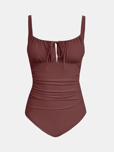 CUPSHE Women's One Piece Swimsuit Square Neck Cut Out Drawstring Self Tie Back Hook Coffee Brown L - Image 5