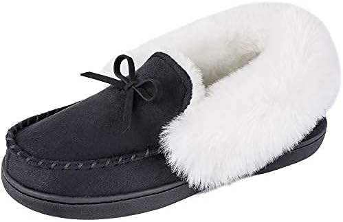 HomeIdeas Women's Faux Fur Lined Suede Moccasin Memory Foam House Slippers, Fuzzy Warm Indoor Outdoor Plush Bedroom Shoes (Size 7 B(M) US, Black)