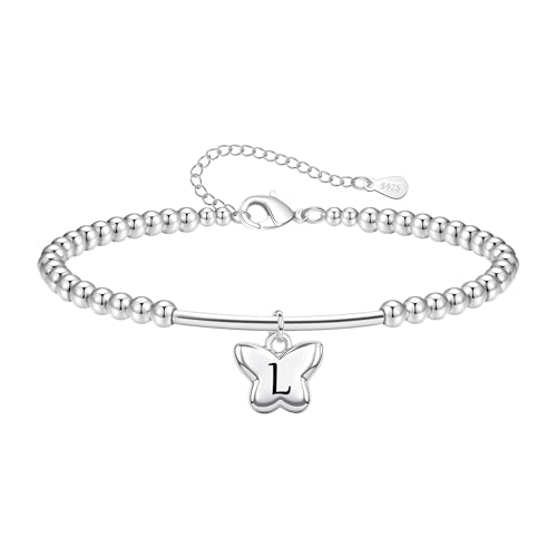 Tibond Delicate S925 Silver Bead Bracelet with Butterfly Initials Pendant for Women Girls Charm Letter Jewellery Gifts for Daughter Mum Christmas Birthday (L)