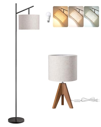 DEWENWILS&EDISHINE EDISHINE Modern Floor Lamps for Living Room with Tripod Table Lamp,Minimalist Standing Lamp with 3 Color Temperatures Bulb & Adjustable Linen Shade