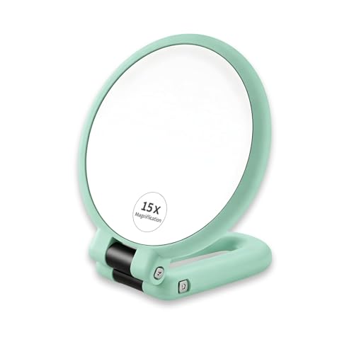 Image of 15X Magnification Double-Sided Folding Handheld Makeup Mirror, 1X /15X, Round, Portable Travel Mirror, 23x13.5x2 cm (Blue)