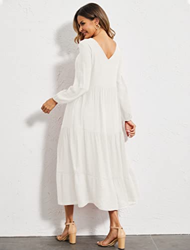 Halife Women's Long Sleeve Dress Boho Ruffle Tiered Maxi Dress Empire Waist Loose Dress With Pockets White M #TOP4