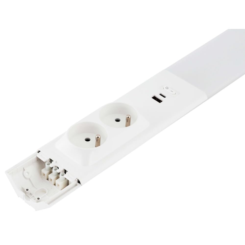 Regleta LED de cocina, 80 cm, ángulo de aluminio, 18 W, 2 enchufes - 2 cargadores USB