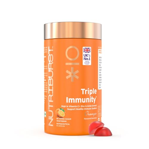 Nutriburst Triple Immunity Gummies with Vitamin C, Zinc and Amla extract | No-Added Sugar | Orange Flavor | 100% Vegetarian | 60 Gummy