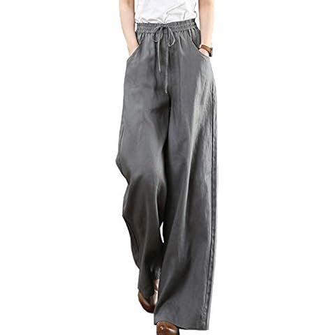 Hongsui Women's Cotton Linen Palazzo Pants Drawstring Waist Wide Leg Loose Trousers with Pockets(Gray, X-Small) Cover