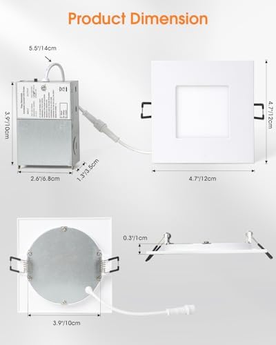 ZYC 4-inch Square Recessed Lighting - Ultra Thin Dimmable Square LED Ceiling Light,5 Color Temperature 2700-5000K Selectable,9W 800LM High Brightness,Canless Wafer Downlight,Pack of 6 Brushed Nickel. — 사진 4