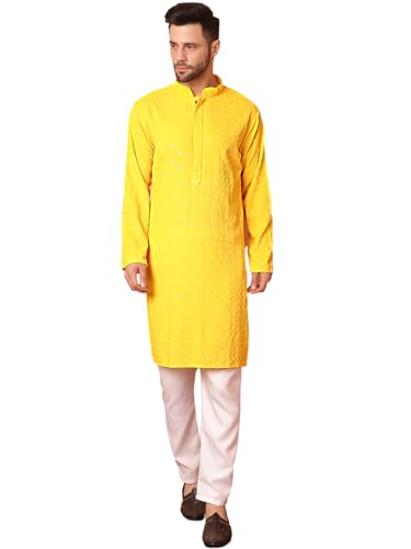 Image of Jompers Men's Yellow Embroidered and Sequence Kurta with Pyjama (Yellow, S)