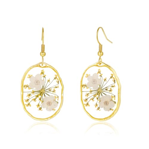 Boucles d'oreilles ovales en fleurs séchées de jonquille | Boucles d'oreilles pendantes élégantes pour femmes et filles | Bijoux en vraies fleurs séchées | Cadeau de naissance pour mars