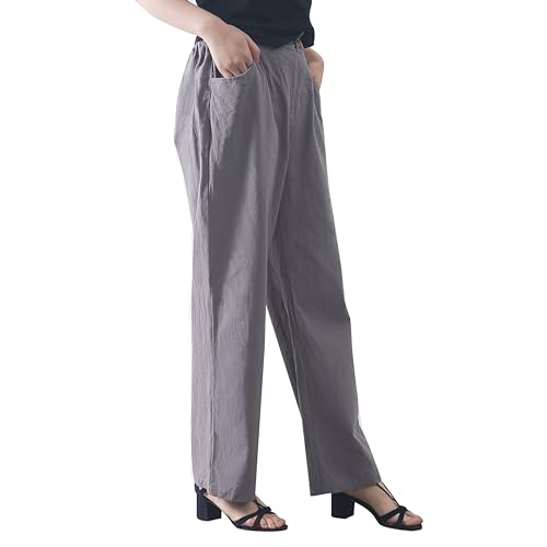 Casual Linen High Waist Pants with Elastic Waistband and Straight-Leg Design Summer Trousers with Side Pockets3