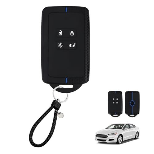 Car Key Cover for Renault Clio, Megane, Kadjar, Captur, Talisman, Koleos, Dacia Duster – TPU Key Card Holder 4 Button Premium Silicone, Non-Slip, Anti-Dust Key Fob Protector with Key Rope (Blue-Line)