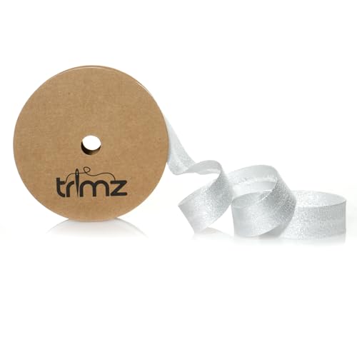 Image of Trimz Light Silver Metallic Lamé Bias Binding Tape, 25mm x 20m Reel – Silver/Silver High-Shine Decorative Trim for Sewing and Wedding Decor