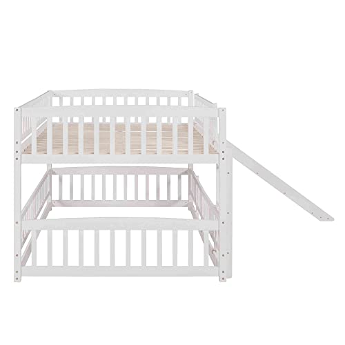 Cotoala Full Over Full Low Bunk Bed With Convertible Slide And Ladder For Kids, Bedroom, Wooden Bedframe W/Fence, Save Space, No Need Spring Box, White #TOP6