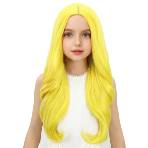 Image of Child Light Yellow Wig Girls Long Yellow Wavy Curly Wig Long Middle Part Wigs for Kids Heat Resistant Synthetic Wigs with Cap