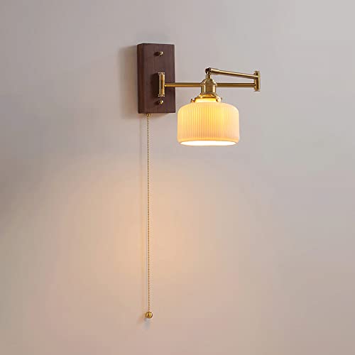  Elksdut Applique da Parete per Testata Letto a Braccio Retrattile con Interruttore a Catena, Illuminazione a Parete con Base in Noce, Applique in Ottone cablato per testiera Camera da Letto Soggiorno