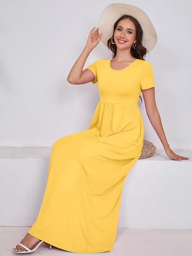 DEARCASE Maxi Dress for Women Bright Yellow Medium Crewneck Short Sleeve Sundresses Wedding Guest A-line Casual Loose Party Vintage Spring Summer Vacation Flowy Beach Long Dresses with Pockets — view 3