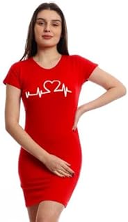 قميص نوم قطن مطبوع باكمام قصيرة احمر للنساء