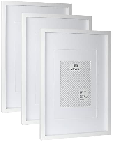 Cornice portafoto A3, confezione da 3 cornici in legno bianco, moderne con doppio passepartout per foto A4 e 15 x 20 cm, in acrilico infrangibile, montaggio a parete o da tavolo per casa, ufficio