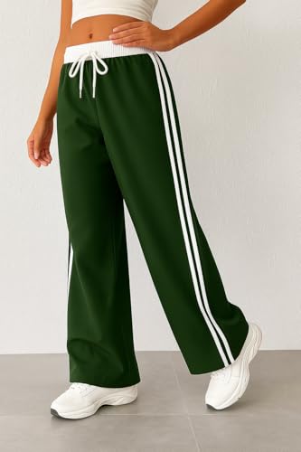 Image of SAKHWALA Women Track Pant | Women's Wide Leg Track Pants High Waist Drawstring Sweatpants with Side Stripes, Casual Loose Fit Lounge Joggers, White