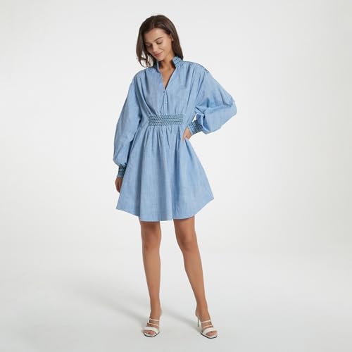 Womens Embroidered Shirt Dress Fall Oversized Long Sleeve Casual V Neck A Line Mini Dress2