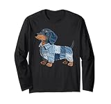 Dachshund Pattern Denim Patchwork Art Funny Dachshund Dog Long Sleeve T-Shirt