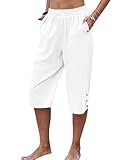 LARMLISS Womens Casual Capri Pants Elastic Waist Solid Color 3/4 Wide Leg Summer Trousers with Pockets 01-White Medium