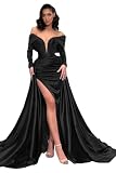 Zeeyecie Black Satin Long Sleeve Formal Evening Dresses for Women Off The Shoulder Mermaid V-Neck Corset Prom Ball Gala Gowns with Train US14
