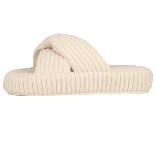 WUYISTAR Chaussons pour filles Kids Memory Foam House Chaussons Cozy Corduroy Bow Crossbands Slipper Open Toe Indoor Outdoor Shoes Slides Blanc 34 EU