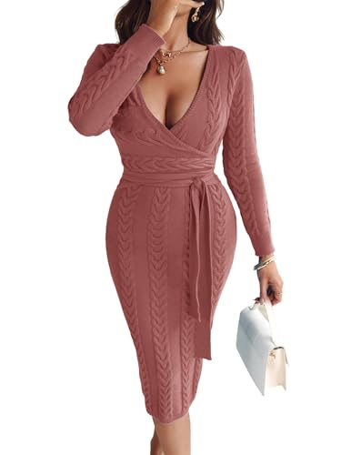 CHICME Elegant Cable Knit Wrap Dress for Women Long Sleeve V Neck Tie Waist Midi Sweater Dress for Fall Winter Slim Fit Stretch Fashionable Knitwear for Daily-Brown-S