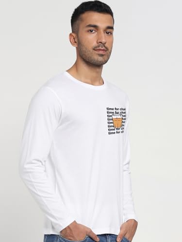 Image of Bewakoof Men Typography Regular Fit Full Sleeve Round Neck Pure Cotton T-Shirt
