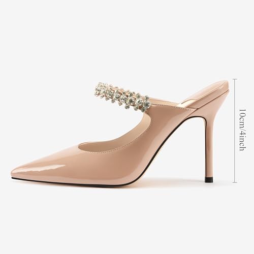 MIRAAZZURRA Women Heeled Mules Rhinestone Strappy Pointed Toe Mules Stiletto High Heels Slip On Bridal Sandals for Women 4 inches US Size 8.5 Nude by MIRAAZZURRA - Used condition - Image 6
