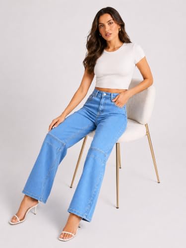 Image of GRECIILOOKS High Waist Jeans for Women - Wide Leg Straight Fit Denim | Baggy Cargo Style Casual Pants for Girls & Daily College Wear