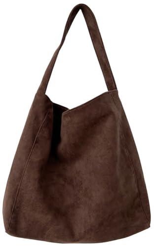 Bagkeak Große Wildleder-Tragetasche für Damen, lässige Schultertaschen, Wildleder-Geldbörsen, Damen-Umhängetasche, Arbeitshandtasche, Halbmondtasche, Reisen, Winter, Kaffee