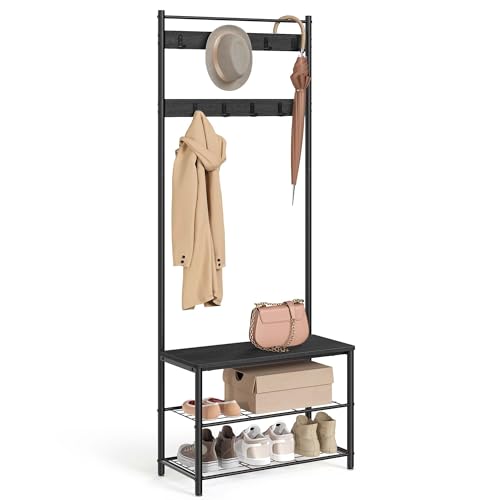 VASAGLE Coat Rack, Hall Tree with Shoe Storage Bench, Entryway Bench with Shoe Storage, 3-in-1, Steel Frame, for Entryway, 12.6 x 27.6 x 68.9 Inches, Industrial, Charcoal Gray UHSR041B01