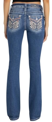 Miss Me Women's Pink Stitched Winged Mid Rise 34" Bootcut Jeans with Faux Flap Pockets (29, Dark Blue)