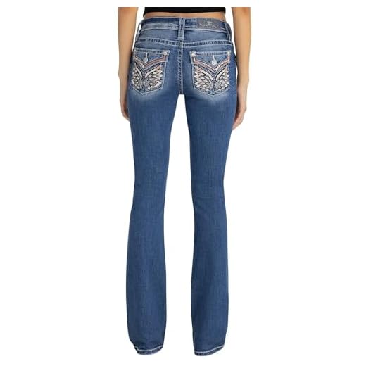 Miss Me Women's Pink Stitched Winged Mid Rise 34" Bootcut Jeans with Faux Flap Pockets (29, Dark Blue)
