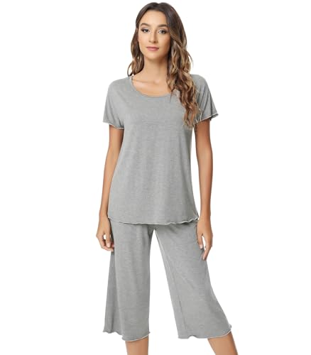 Image of NACHILA Women's Bamboo Viscose Pajama Sets Summer Cooling Short Sleeve Capri Soft Pjs Night Sweats Moisture Wicking Sleepwear