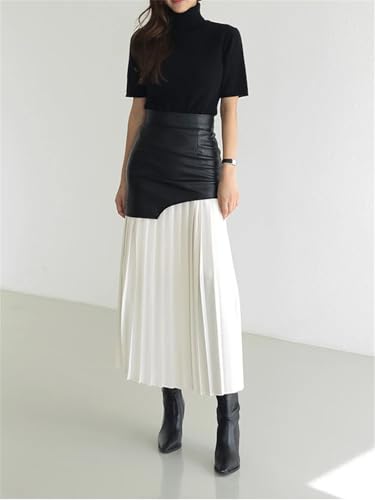 Women's Patchwork Pu Leather Skirt High Waist Midi Folds Color Block Skirts Autumn Fashion Clothing4