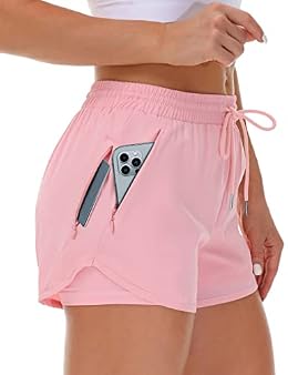 Mancreda Women's Running Shorts with Liner 3 Zipper Pockets Elastic Workout Athletic Gym Yoga Shorts(PK,S) Pink